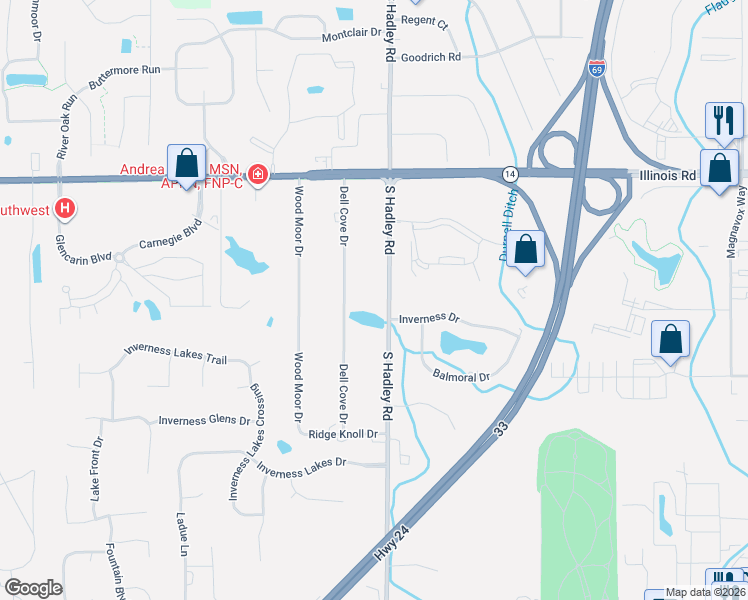 map of restaurants, bars, coffee shops, grocery stores, and more near 1538 South Hadley Road in Fort Wayne