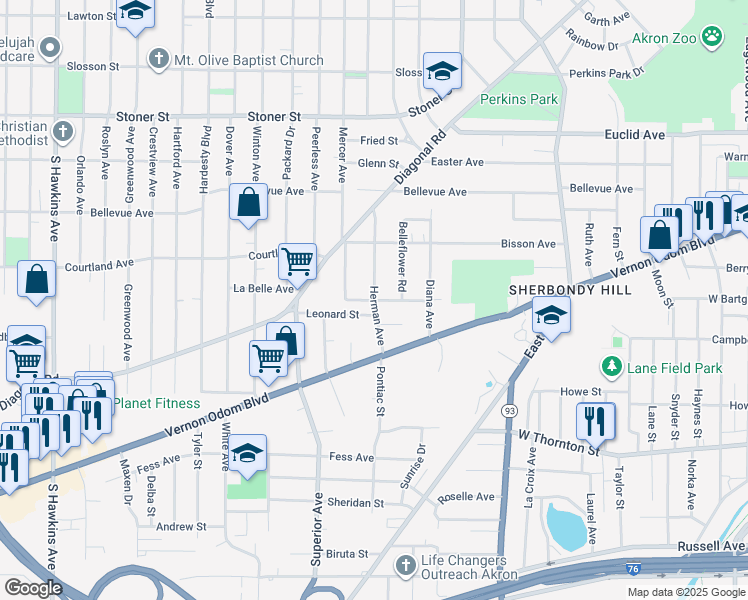 map of restaurants, bars, coffee shops, grocery stores, and more near Herman Avenue in Akron