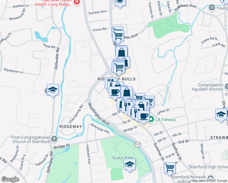map of restaurants, bars, coffee shops, grocery stores, and more near 2800 Summer Street in Stamford