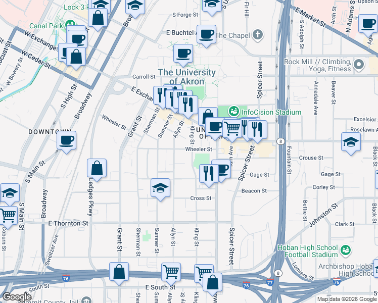map of restaurants, bars, coffee shops, grocery stores, and more near 290 Wheeler Street in Akron