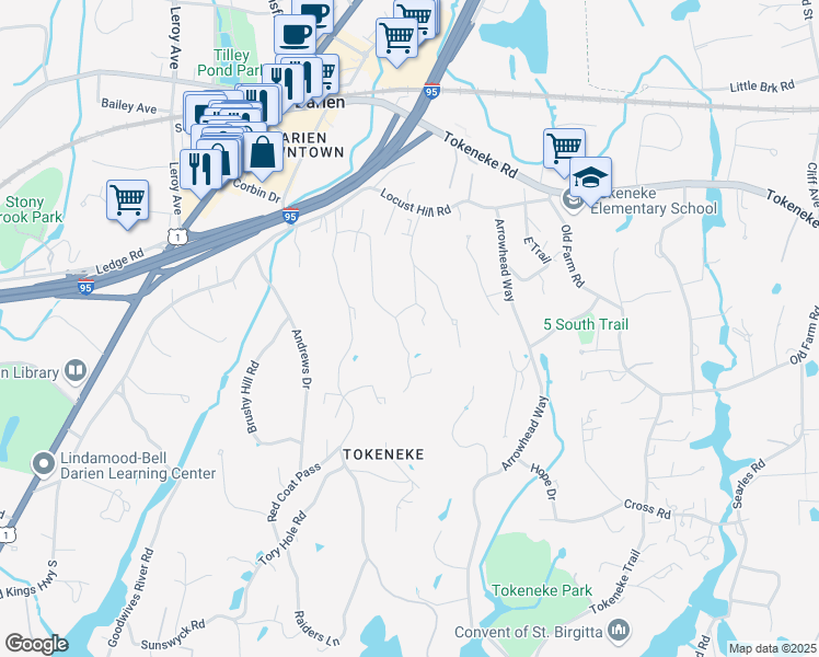 map of restaurants, bars, coffee shops, grocery stores, and more near 45 Cedar Gate Road in Darien