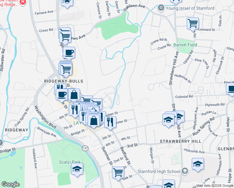 map of restaurants, bars, coffee shops, grocery stores, and more near 2-78 Urban St in Stamford