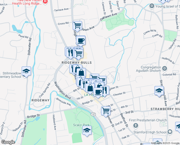 map of restaurants, bars, coffee shops, grocery stores, and more near 2510 Bedford Street in Stamford