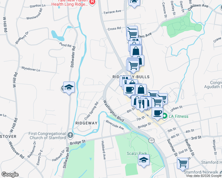 map of restaurants, bars, coffee shops, grocery stores, and more near 96 Cold Spring Road in Stamford