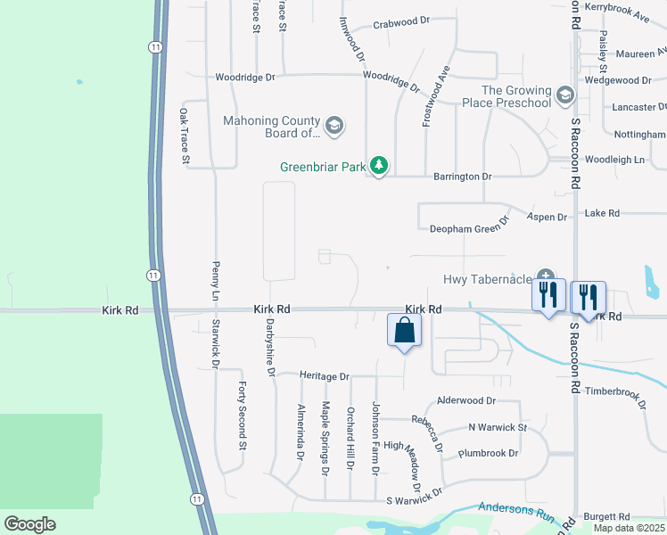 map of restaurants, bars, coffee shops, grocery stores, and more near 4780 Kirk Road in Youngstown