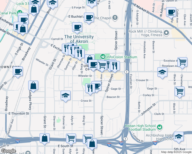 map of restaurants, bars, coffee shops, grocery stores, and more near 432 Brown Street in Akron