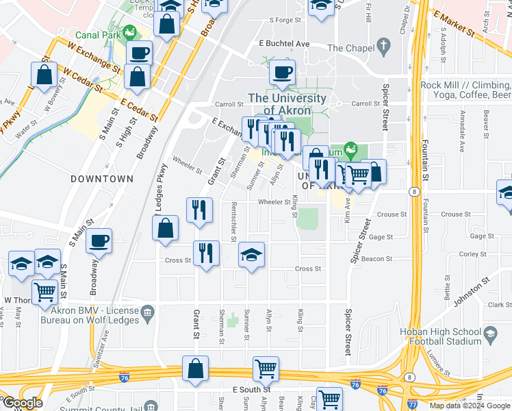 map of restaurants, bars, coffee shops, grocery stores, and more near 489 Sumner Street in Akron
