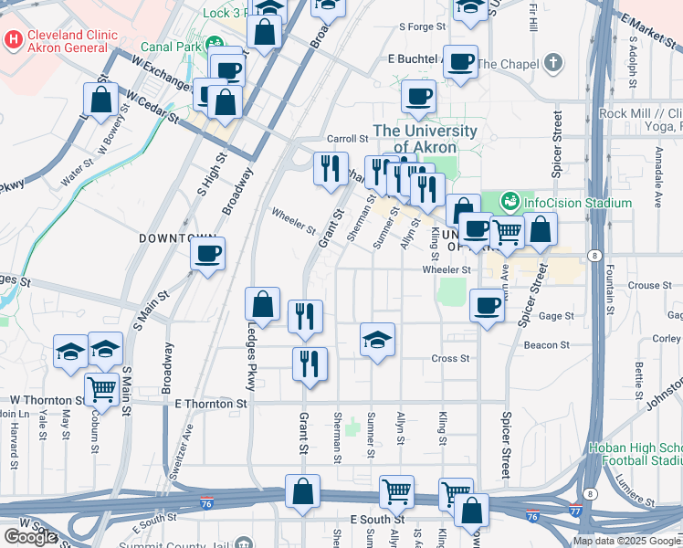 map of restaurants, bars, coffee shops, grocery stores, and more near 490 Rentschler Street in Akron