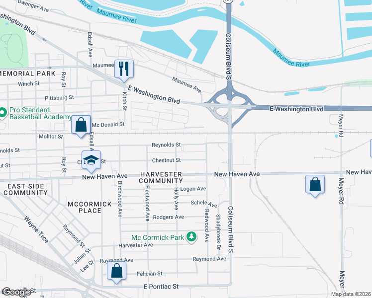 map of restaurants, bars, coffee shops, grocery stores, and more near 3601 Chestnut Street in Fort Wayne