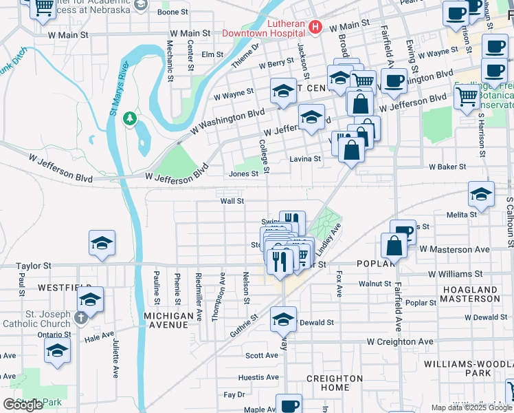 map of restaurants, bars, coffee shops, grocery stores, and more near 1752 College Street in Fort Wayne