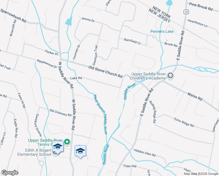map of restaurants, bars, coffee shops, grocery stores, and more near 40 Lake Road in Upper Saddle River