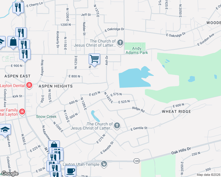 map of restaurants, bars, coffee shops, grocery stores, and more near 752 North 1475 East in Layton