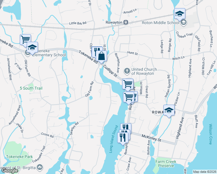 map of restaurants, bars, coffee shops, grocery stores, and more near 3 Berry Lane in Darien