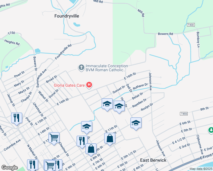 map of restaurants, bars, coffee shops, grocery stores, and more near 1100 Evergreen Drive in Berwick