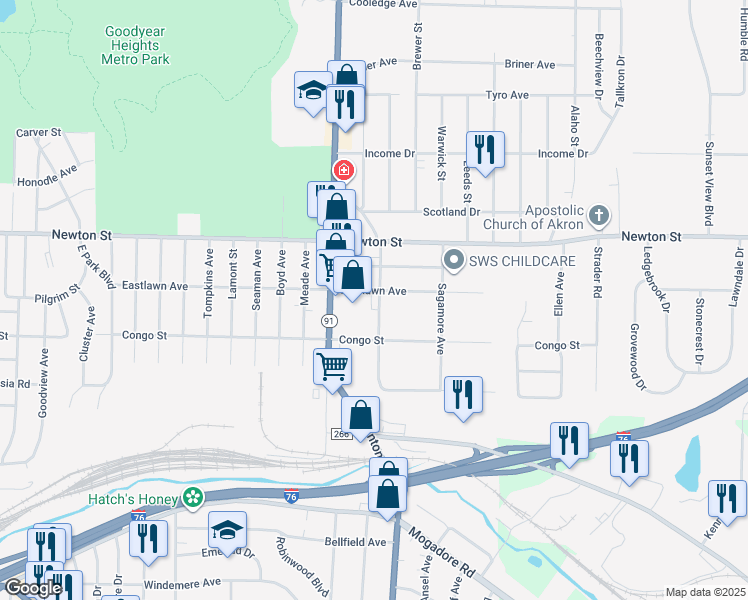 map of restaurants, bars, coffee shops, grocery stores, and more near 250 Teddy Avenue in Akron
