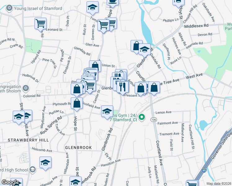 map of restaurants, bars, coffee shops, grocery stores, and more near 504 Glenbrook Road in Stamford