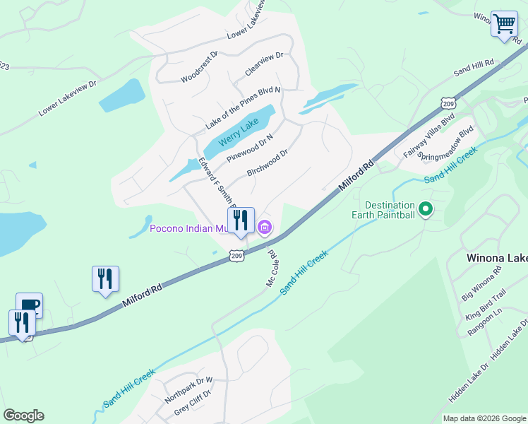 map of restaurants, bars, coffee shops, grocery stores, and more near Pine Ridge Road in East Stroudsburg