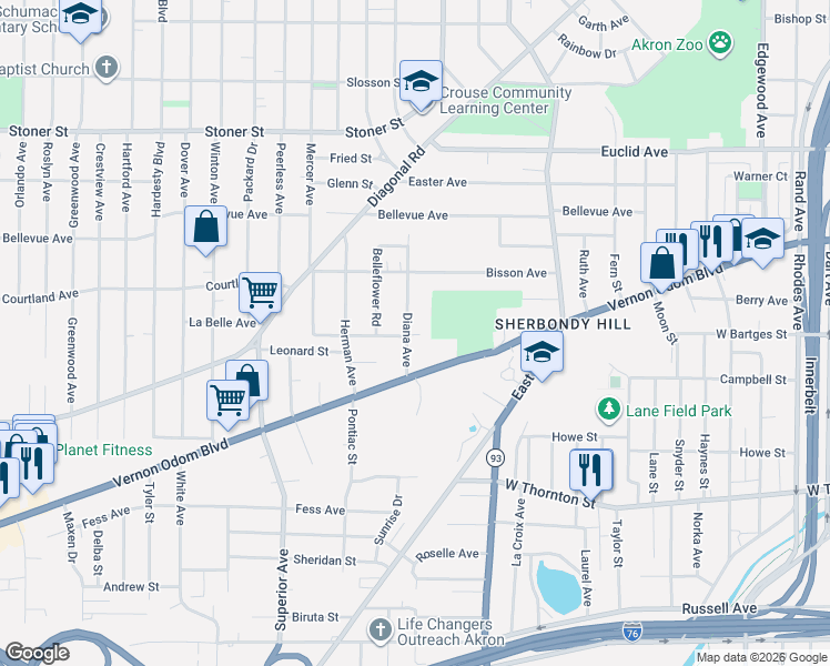 map of restaurants, bars, coffee shops, grocery stores, and more near 1007 Diana Avenue in Akron