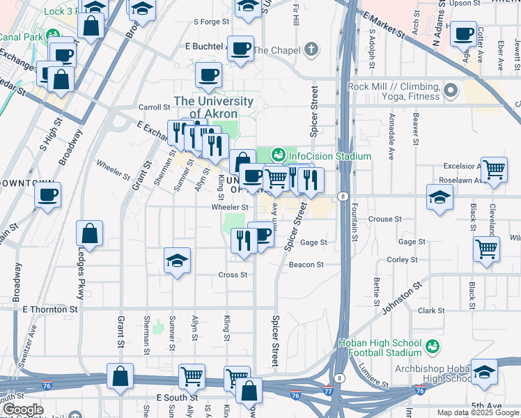 map of restaurants, bars, coffee shops, grocery stores, and more near 432 Brown Street in Akron