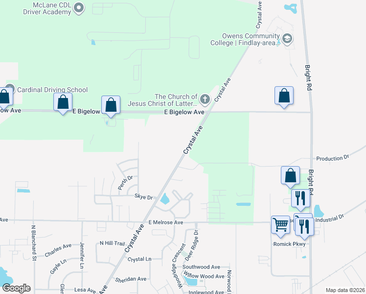 map of restaurants, bars, coffee shops, grocery stores, and more near 2627 Crystal Avenue in Findlay