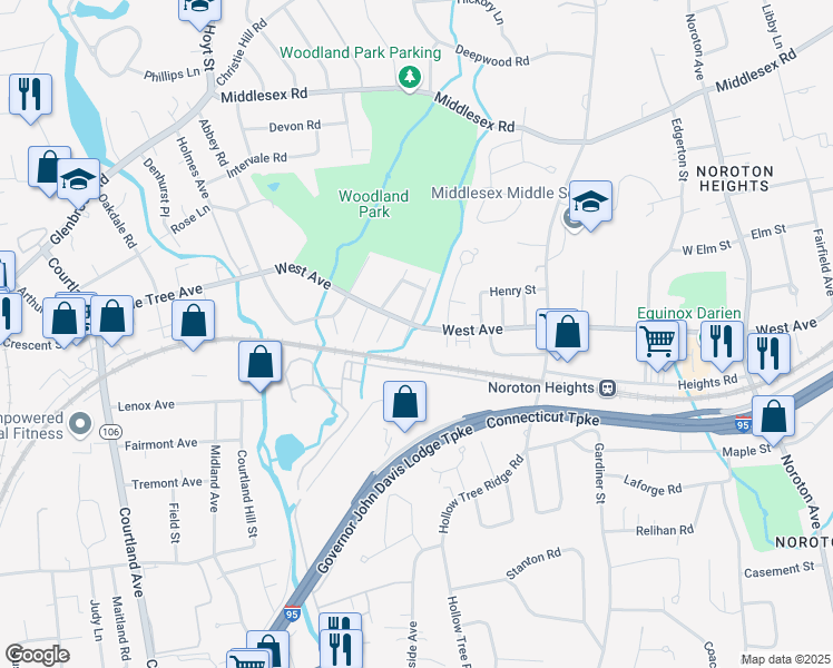 map of restaurants, bars, coffee shops, grocery stores, and more near 351 West Avenue in Darien