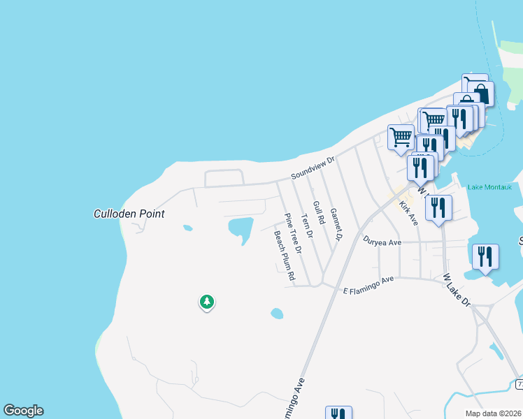 map of restaurants, bars, coffee shops, grocery stores, and more near 15 Cranberry Road in Montauk