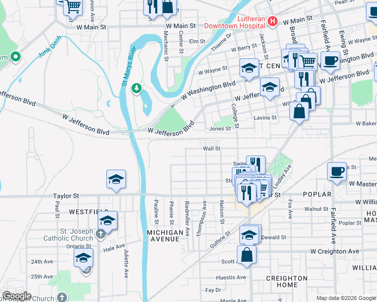 map of restaurants, bars, coffee shops, grocery stores, and more near 1504 Riedmiller Avenue in Fort Wayne