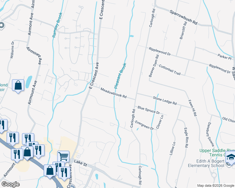 map of restaurants, bars, coffee shops, grocery stores, and more near 2 Primrose Court in Upper Saddle River
