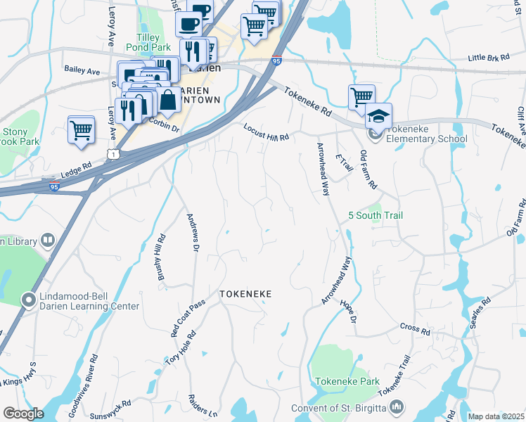 map of restaurants, bars, coffee shops, grocery stores, and more near 45 Cedar Gate Road in Darien