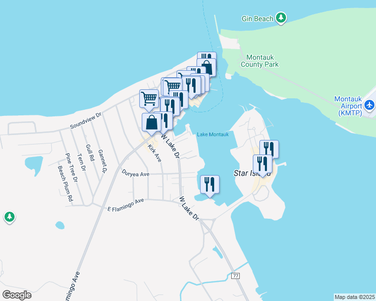 map of restaurants, bars, coffee shops, grocery stores, and more near 408 West Lake Drive in Montauk