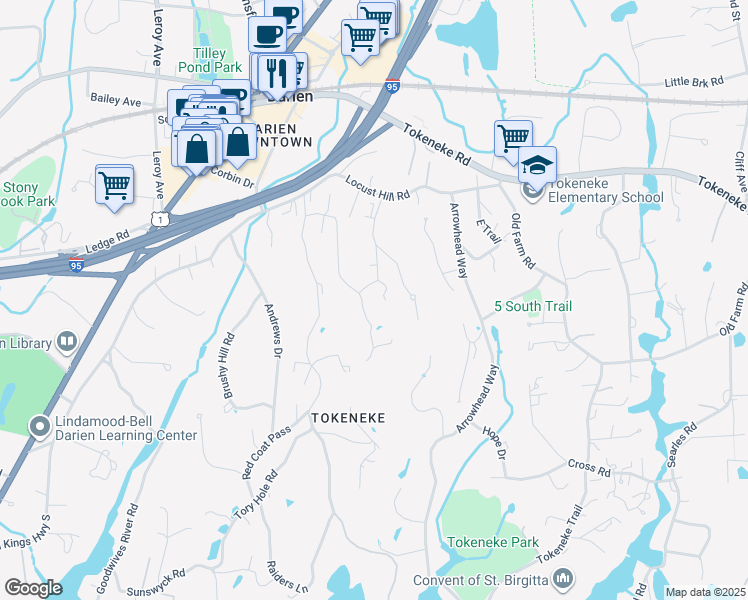 map of restaurants, bars, coffee shops, grocery stores, and more near 45 Cedar Gate Road in Darien