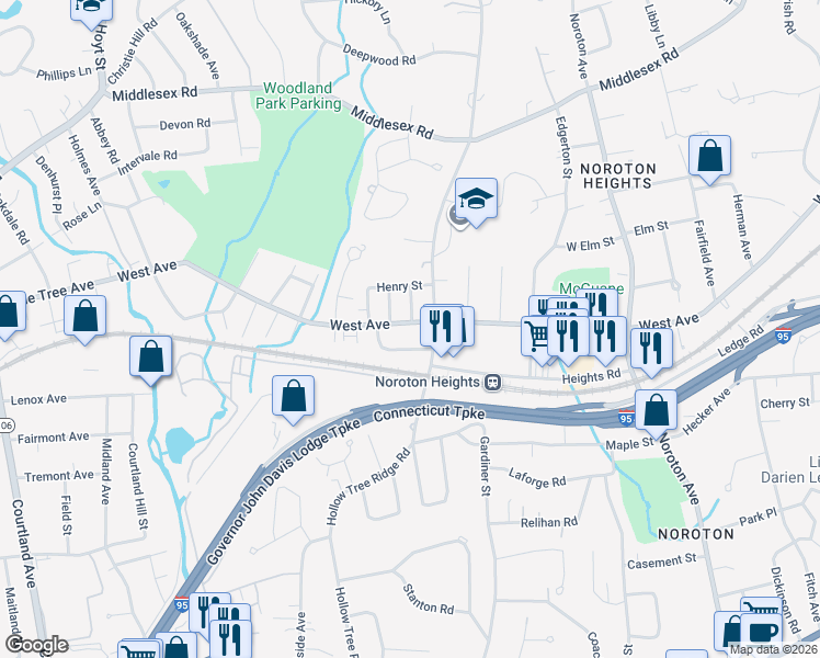 map of restaurants, bars, coffee shops, grocery stores, and more near 7 Patton Drive in Darien