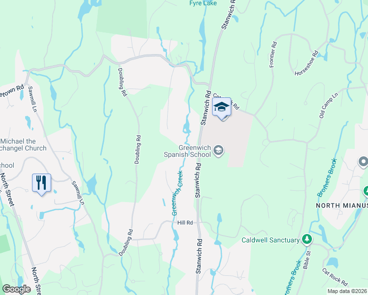 map of restaurants, bars, coffee shops, grocery stores, and more near 39 Boulder Brook Road in Greenwich