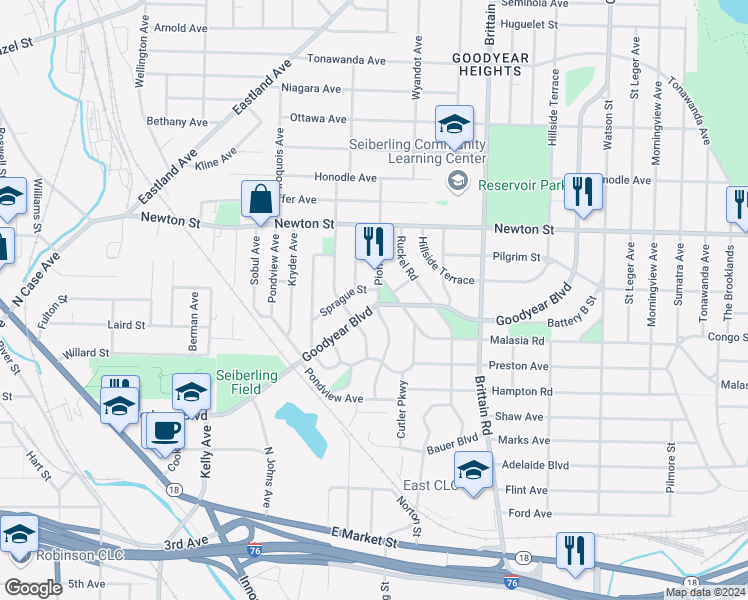 map of restaurants, bars, coffee shops, grocery stores, and more near 1398 Goodyear Boulevard in Akron