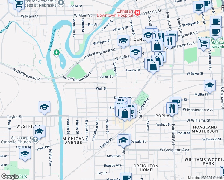 map of restaurants, bars, coffee shops, grocery stores, and more near 1752 College Street in Fort Wayne