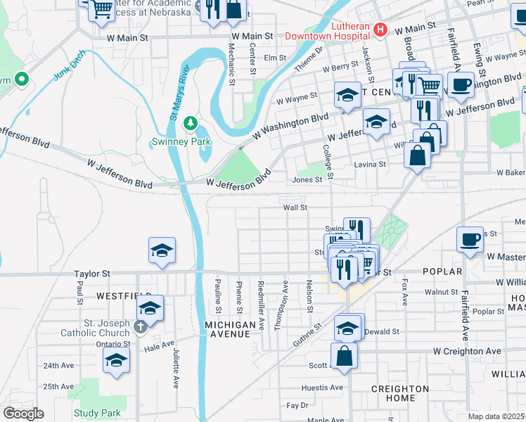 map of restaurants, bars, coffee shops, grocery stores, and more near 1504 Riedmiller Avenue in Fort Wayne