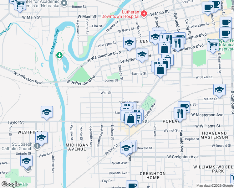 map of restaurants, bars, coffee shops, grocery stores, and more near 1752 College Street in Fort Wayne