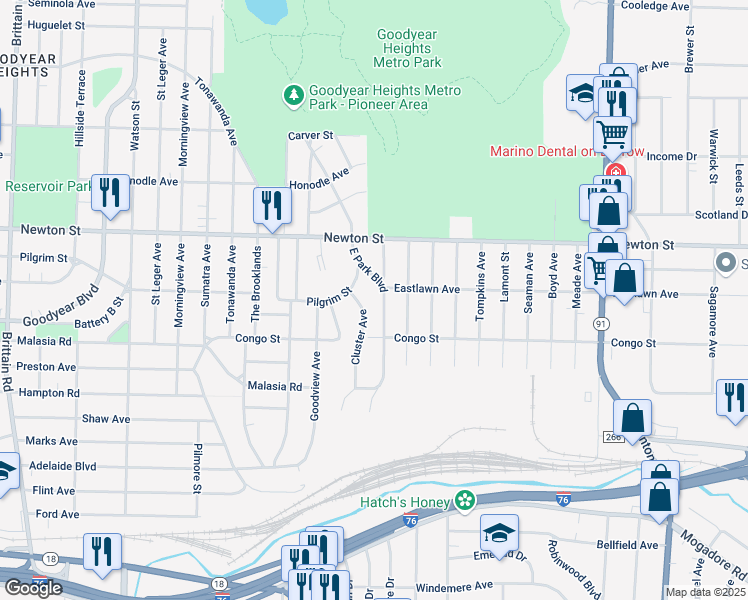 map of restaurants, bars, coffee shops, grocery stores, and more near 308 East Park Boulevard in Akron