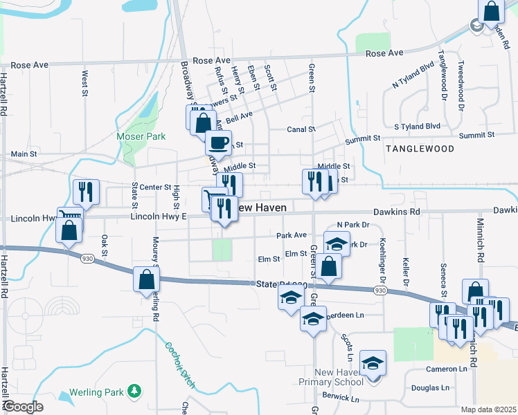 map of restaurants, bars, coffee shops, grocery stores, and more near in New Haven