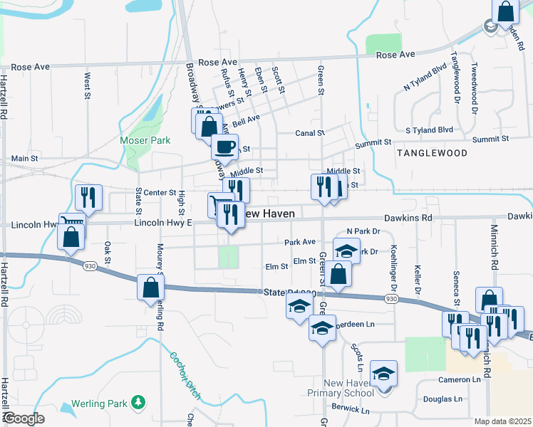 map of restaurants, bars, coffee shops, grocery stores, and more near in New Haven