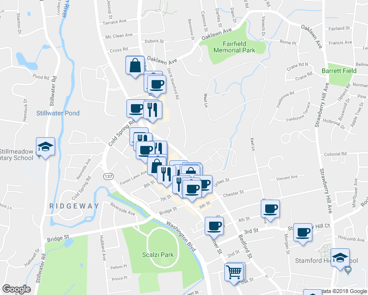 map of restaurants, bars, coffee shops, grocery stores, and more near 1 Old N Stamford Road in Stamford