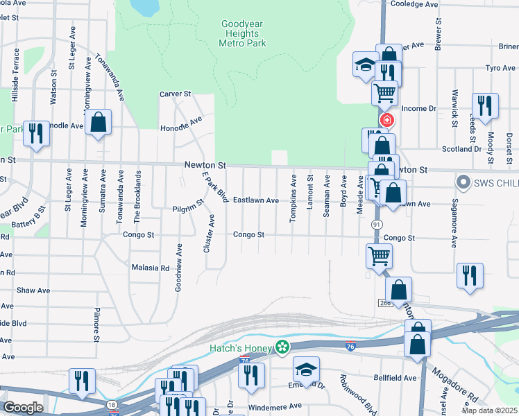 map of restaurants, bars, coffee shops, grocery stores, and more near Larkin Avenue in Akron