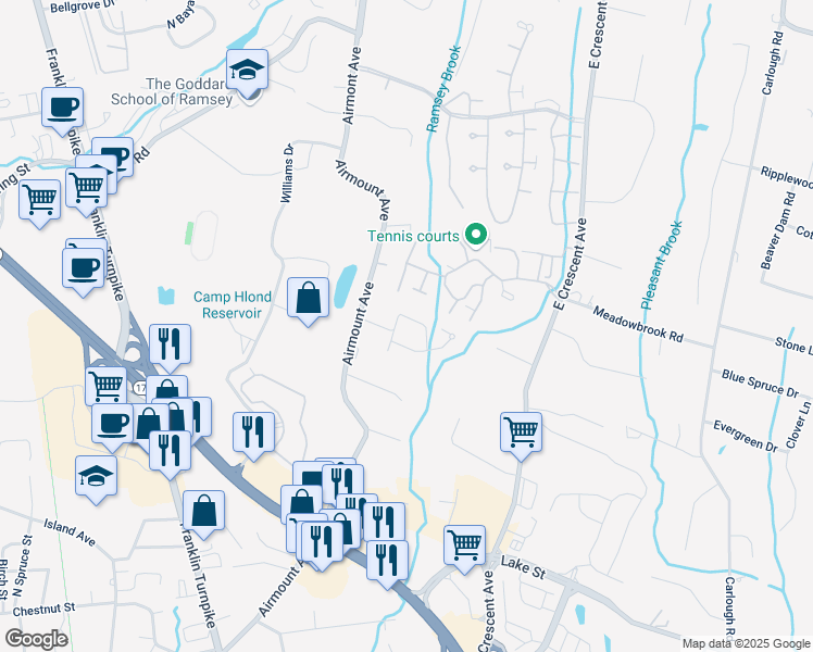 map of restaurants, bars, coffee shops, grocery stores, and more near 63 Peach Hill Court in Ramsey