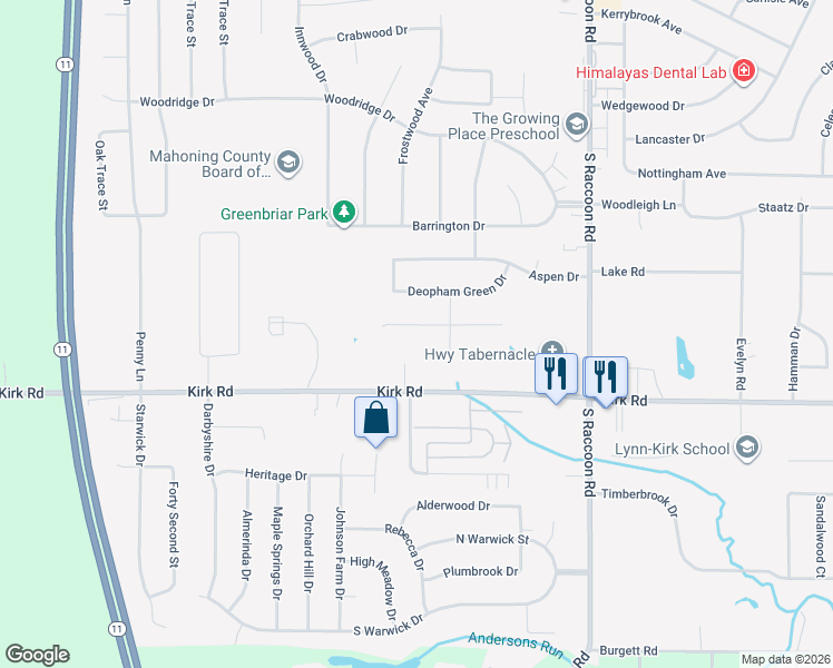 map of restaurants, bars, coffee shops, grocery stores, and more near 4595 Sheffield Drive in Youngstown