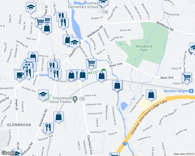 map of restaurants, bars, coffee shops, grocery stores, and more near 2-90 Lenox Avenue in Stamford