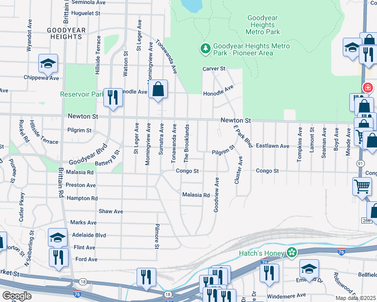 map of restaurants, bars, coffee shops, grocery stores, and more near 309 The Brooklands in Akron