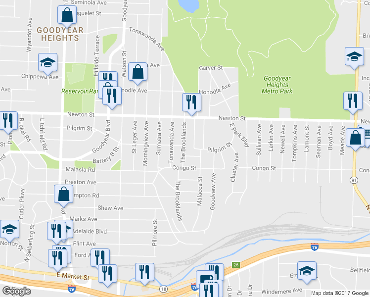 map of restaurants, bars, coffee shops, grocery stores, and more near 309 The Brooklands in Akron