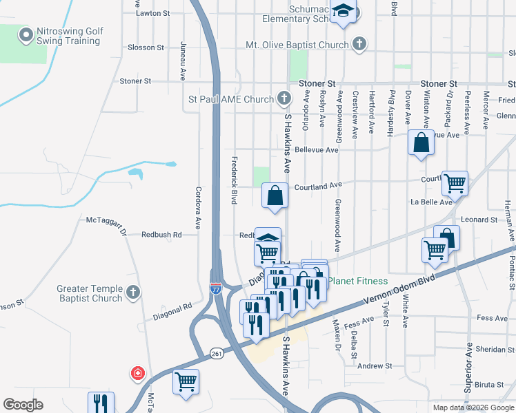map of restaurants, bars, coffee shops, grocery stores, and more near 1415 Seward Avenue in Akron