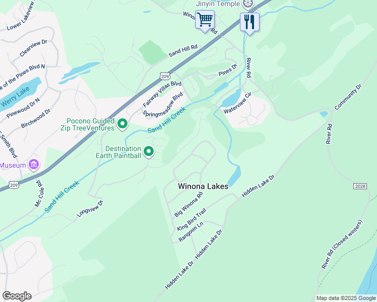 map of restaurants, bars, coffee shops, grocery stores, and more near 2090 Big Winona Road in East Stroudsburg