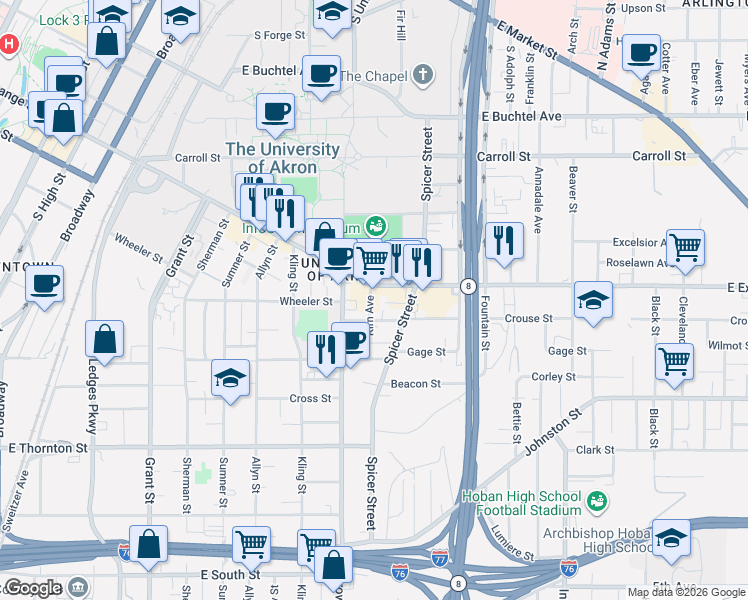 map of restaurants, bars, coffee shops, grocery stores, and more near 429 Kirn Avenue in Akron
